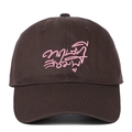 Detailed close-up of pink embroidery on a washed cotton dark coffee baseball cap - Coffee With Pink Embroidery