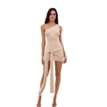 Elegantes beige gestreiftes Strickkleid mit One-Shoulder-Design und Taillenband - S / Gebrochenes Weiß