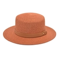 Detail of terracotta woven boater straw hat with khaki leather band and gold stud - M (56-58cm) / Caramel color