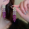Close-up of leaf fringe earrings with purple gradient crystals and gold metal base - Purple Gradient Faux Crystal Style (22#银针-紫色)