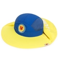 Yellow and blue kids sun hat with neck flap and lion patch on a white background - Sky Blue