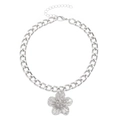 Macro shot of silver textured flower pendant necklace with elegant metal link chain - Silver Flower Anklet (7090)