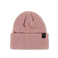 Close-up of thick ribbed knit pink beanie featuring side leather strap and button detail - M (56-58cm) / Pink