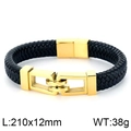 Men's braided black leather bracelet with gold stainless steel clasp, 210x12mm size - Style B Gold