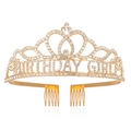 Detail of golden Birthday Girl crown with sparkling rhinestones and integrated hair combs - Gold White Rhinestone