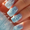 Macro shot of blue gradient press-on nails with 3D white snowflakes and silver glitter - Blue Purple Gradient 3D Relief Snowflake Style (CW822)