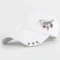 White baseball cap with punk metal rings, safety pin, star and smiley charms - [new Aircraft Model] White