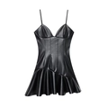 Chic black faux leather mini dress with spaghetti straps and ruched asymmetric hemline - XS / Black