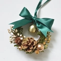 Mini Christmas wreath with dark green satin bow, pine cones and gold bells for decor - Dark Green Bow Wreath 13cm