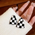 Triangle geometric earrings with black and white checkered pattern and glossy finish - 44# Silver Needle - Triangular Checkerboard