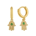 Detail of gold-plated Hamsa hand earrings with green center stone and cubic zirconia - Green Palm