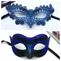 Blue lace and black gold-powdered masquerade masks for women's party costume accessory - Blue + Glitter Royal Blue