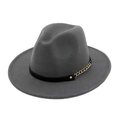 Detail view of grey wide brim fedora hat with black band and decorative gold chain - Gray