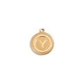 18K gold plated stainless steel round pendant with letter Y and textured border - Letter Y / Gold