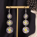 Bohemian silver drop earrings with colorful floral enamel discs on golden display - S4290-2 Yellow Enamel Mixed Triple Ring Earrings