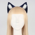 Handmade navy blue cosplay cat ear headband with white faux fur on golden wig - Dark Blue White
