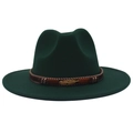 Detail view of dark green wool fedora hat featuring a gold feather and brown braided band - L (58-60cm) / Dark Green (Flat Brim Gold Feather)