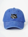 Close-up of the detailed raccoon head embroidery on the washed blue baseball cap - 56-58cm (Adjustable) / Royal Blue