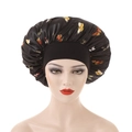 Detail of black satin bonnet with colorful butterfly print and elastic wide band - 30cm / Black
