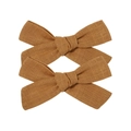 Set of two minimalist brown cotton linen bow hair clips with natural bamboo texture - Bow Hair Clips Set / Brown