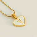 Gold stainless steel heart pendant necklace with white shell inlay and letter V - Letter V