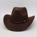 Detail of dark brown felt cowboy hat featuring a braided leather band with bronze metal buckles - Coffee