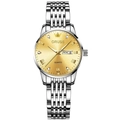 Elegant ORUSS silver quartz watch for women with golden dial and calendar display - Silver Gold Band Gold Dial