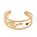 18k gold-plated stainless steel snake cuff bracelet with green crystal eyes and wavy texture - Three Layer Snake With Green Drop Gem (JDBW2311005)