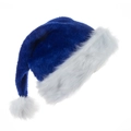 Soft blue plush Christmas hat featuring a white faux fur trim and fluffy pompom detail - Sapphire Blue