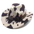 Western wool cow print cowboy hat with vintage bull head buckle and faux leather band - M (56-58cm) / Fedora Top Cow Print Beige