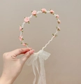 Fairy flower headband with pink roses, pearls and white lace ribbons in hand - Cherry Pink Flower Headband