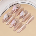 Macro view of long ballet press-on nails with 3D butterflies and sparkling rhinestones - By1618 / Phototherapy Glue Style