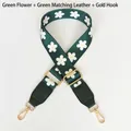 Detail of wide green floral replacement strap with leather ends and gold metal clips - Green Flowers + Green Leather / Silver Hook