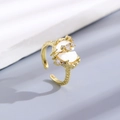 Gold adjustable bow ring with white mother of pearl inlay and sparkling zircon stones - Gold Shell Zirconia Open Ring (6165)