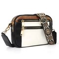 Sac bandoulière tricolore noir, blanc et marron avec une large sangle à fleurs vintage - Patchwork Blanc Noir et Marron