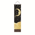 Close-up of celestial moon face tapestry with golden waves and rustic wooden frame - 32.5x130cm / Style 2