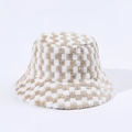 Plush checkerboard bucket hat in khaki and cream white for winter warmth and style - M (56-58cm) / Khaki