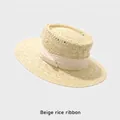Chapeau de paille canotier beige classique avec ruban assorti pour protection solaire - Réglable (54-58cm) / Beige Ruban Beige (1687)