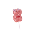 Pink bear-shaped birthday candle with blue ears and Happy text on a white background - Pink Gummy Bear Candle