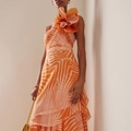 One-shoulder bright orange vacation dress with large 3D flower and ruffled hem details - In Stock Emerald Green Set