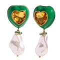 Barokke hart oorbellen in 18K verguld staal met groene kristallen en witte parels - Barok Imitatie Parel Champagne Zirconia Emaille Oorknopjes - Groen