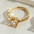 Luxurious 14K gold plated ring with a round white zircon and twisted pave band - Square / Adjustable / 14K Gold Plated Square Zircon