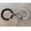 Couples matte stone beaded bracelets in black and white with a magnetic heart clasp - Matte Black Black White