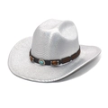 Silver glitter wide brim western cowboy hat with ethnic turquoise beaded band - M (56-58cm) / Silver