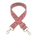 Close-up of red and beige geometric jacquard handbag strap with gold swivel hooks - White/Red Khaki Geometric