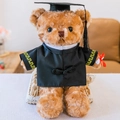Cute brown plush graduation teddy bear wearing a black gown and mortarboard hat - Brown Braided Graduation Bear - White Collar / 30 cm