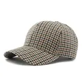 Classic brown houndstooth baseball cap in tweed fabric for women with curved brim - Adjustable / Beige