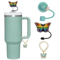Butterfly silicone straw covers and gold charm chain set for Stanley cups accessories - Suitable for 8mm Straws / Mint Green Set