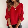 Jersey rojo de punto para mujer con cuello en V y manga larga en estilo holgado elegante - S / Rojo