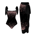 Three-piece black bikini set with rose gold sequins and a matching wrap skirt for beachwear - Starry Sky Series